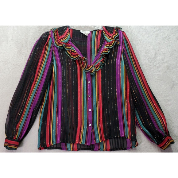 VTG John Yang Blouse Womens Size 6 Multi Striped Metallic Sheer Glam 70's Ruffle - Picture 1 of 7